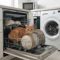 Gato naranja curioso sentado dentro de la rejilla de un lavavajillas abierto lleno de platos limpios en una cocina moderna