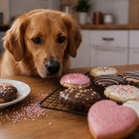 Perro junto a galletas con glaseados y coberturas, dulces que pueden contener xilitol y resultar tóxicos para perros