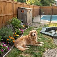 Un Golden Retriever feliz descansa en un jardín residencial seguro, con un perímetro vallado, un cobertizo de almacenamiento inaccesible para productos de jardinería y una piscina vallada con una red de seguridad visible,