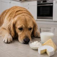 Perro junto a leche, queso y lácteos,