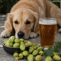 Perro junto a lúpulo y cerveza,