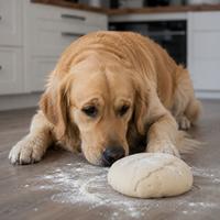 Perro junto a masa de pan cruda con levadura,