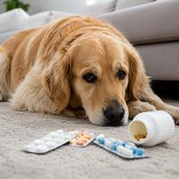 Perro junto a pastillas y medicamentos humanos