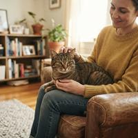 Una mujer sonriente en un suéter amarillo mostaza acaricia a un gato atigrado doméstico que descansa plácidamente sobre sus rodillas en un sillón de cuero marrón en una sala de estar bien iluminada con una estantería y plantas de fondo.