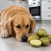 Perro junto a patatas crudas y verdes