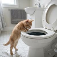 Gatito curioso asomándose peligrosamente al interior de un inodoro con la tapa abierta en un baño