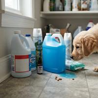 Cachorro de Golden Retriever oliendo peligrosamente un charco de líquido azul derramado y varias botellas de productos de limpieza domésticos, incluyendo lejía, amoniaco, insecticida y aceite esencial, sobre un suelo de baldosas en un entorno interior