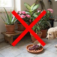 Una gran X roja superpuesta sobre una escena doméstica peligrosa que muestra plantas tóxicas para perros (Aloe vera, Azalea, Dieffenbachia, Adelfa, Tulipanes) y un cuenco de uvas y pasas en el suelo junto a un cachorro Golden Retriever curioso