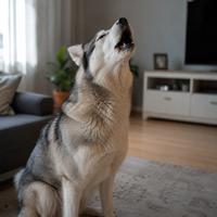Perro Husky aullando en casa como forma de comunicación, ansiedad por separación o respuesta a sonidos del entorno.