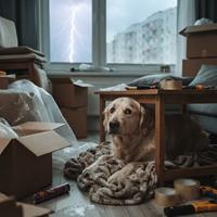 Un perro Golden Retriever asustado se esconde bajo una mesa de centro en un apartamento desordenado lleno de cajas de cartón, cinta de embalar y plástico de burbujas, mientras un rayo ilumina la ventana durante una tormenta