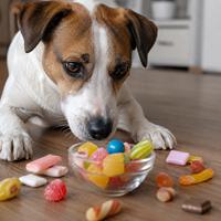 Perro observando chicles, caramelos y golosinas peligrosas para perros