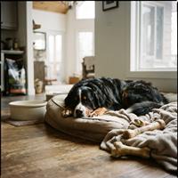 Un gran perro de raza Bernese Mountain Dog descansa plácidamente en una cama de espuma viscoelástica dentro de un hogar amplio