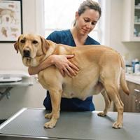 Veterinaria examinando a un perro Labrador Retriever amarillo con obesidad mórbida y sobrepeso significativo sobre una mesa de exploración en una clínica.