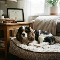 Un perro Cavalier King Charles Spaniel de raza pura descansa plácidamente en su cama dentro de un hogar luminoso