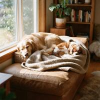 Dos perros felices descansan plácidamente sobre un cómodo sofá mullido cubierto con una manta suave, disfrutando de un cálido rayo de sol que entra por la ventana en una sala acogedora.
