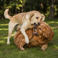 Dos perros jugando y mordisqueándose suavemente, alternando posiciones y persecuciones, una señal de juego saludable y confianza