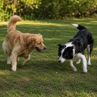 Dos perros jugando al aire libre durante una interacción saludable, mostrando pausas y lenguaje corporal canino que ayudan a mantener un juego equilibrado y sin estrés.