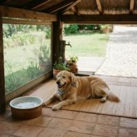 Golden Retriever descansando fresco en la sombra bajo un porche cubierto, junto a un cuenco de agua fresca, protegido de los días calurosos de verano.