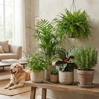Una cuidada selección de plantas de interior no tóxicas para mascotas, incluyendo hierba gatera, palmera areca, helecho de Boston, calathea y romero, exhibidas en macetas decorativas sobre un banco de madera en una sala de estar. Un perro Golden Retriever descansa plácidamente en el fondo