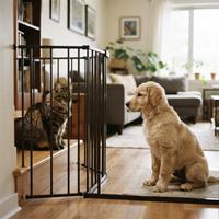 Gato atigrado y cachorro Golden Retriever mirándose con curiosidad a través de una barrera de seguridad negra en un salón luminoso