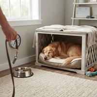Un perro Golden Retriever duerme plácidamente en su cama dentro de una jaula de madera decorativa y un refugio tranquilo en una sala de estar. Cerca, un cuenco de comida y un reloj de pared indican la hora de la comida y un horario estable, mientras una mano sostiene una correa para el próximo paseo