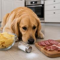 Perro junto a patatas fritas, embutidos y sal derramada,