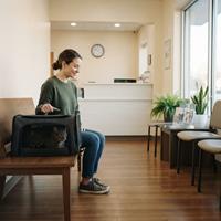 Mujer con su gato tranquilo en un transportín dentro de una sala de espera veterinaria vacía a primera hora de la mañana