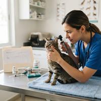 Veterinaria examinando la salud de un gato atigrado en una clínica para revisión médica previa a la adopción, con estetoscopio y expediente clínico.