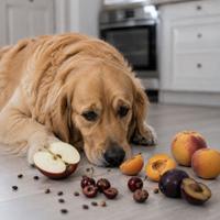 Perro junto a semillas y huesos de manzana, cereza, melocotón y ciruela, alimentos peligrosos