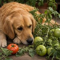 Perro junto a tomates verdes y planta de tomate,
