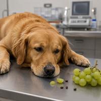Perro con intoxicación por uvas en una clínica veterinaria, relacionado con vómitos, letargo y riesgo de fallo renal tras comer uvas.