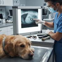 Perro en consulta veterinaria junto a radiografía que muestra ingestión de pila y mandos a distancia sobre la mesa.