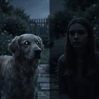 Comparativa visual nocturna en un jardín que muestra a un perro Golden Retriever con ojos brillantes por el tapetum lucidum y a una joven a su lado con visión limitada