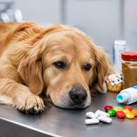Perro enfermo junto a chicles y productos con xilitol
