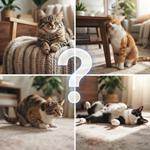 Infografía fotográfica sobre el comportamiento felino y lenguaje corporal de los gatos con un signo de interrogación, mostrando cuatro escenas de bienestar, marcaje de territorio, instinto de caza y confianza en el hogar.