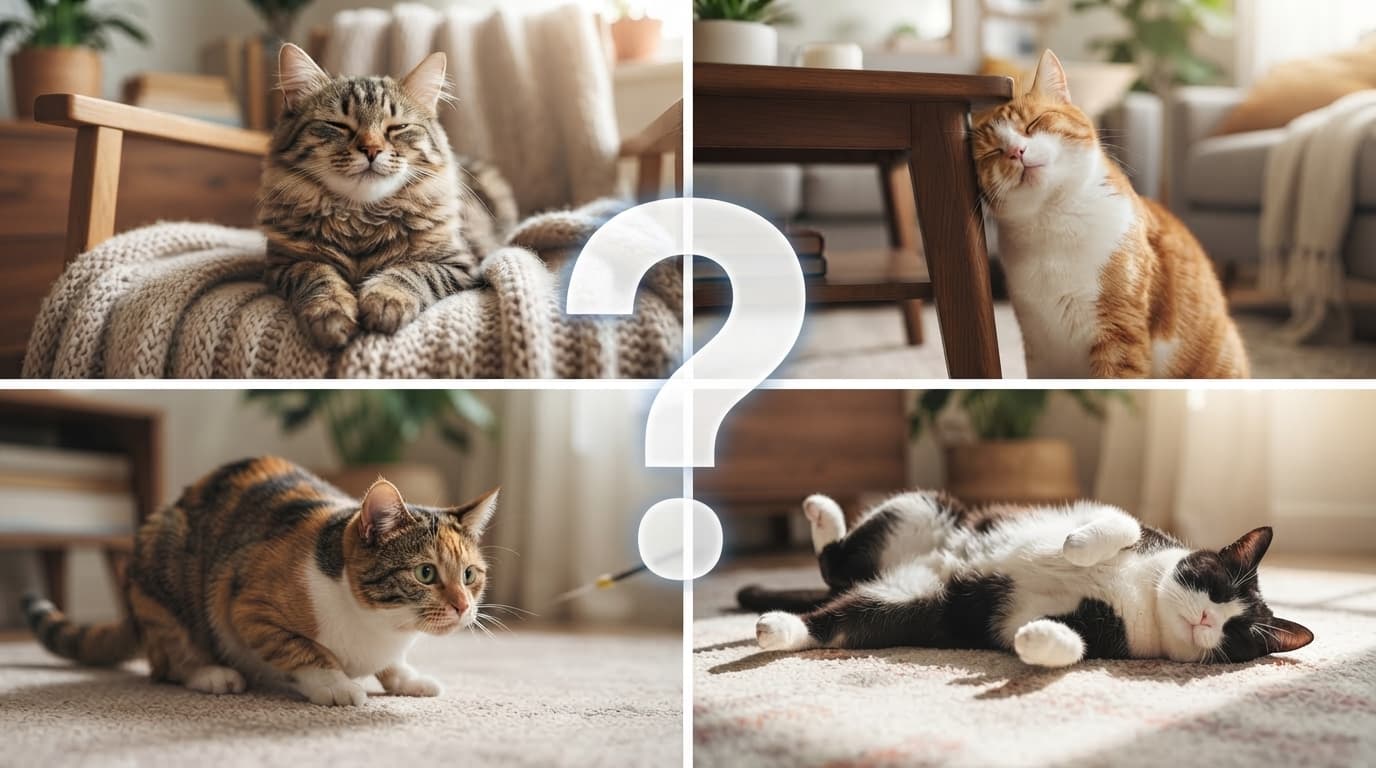Infografía fotográfica sobre el comportamiento felino y lenguaje corporal de los gatos con un signo de interrogación, mostrando cuatro escenas de bienestar, marcaje de territorio, instinto de caza y confianza en el hogar.
