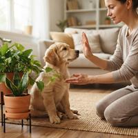 mujer ensena dar la pata golden retriever perro obediente interiores hogar plantas seguras