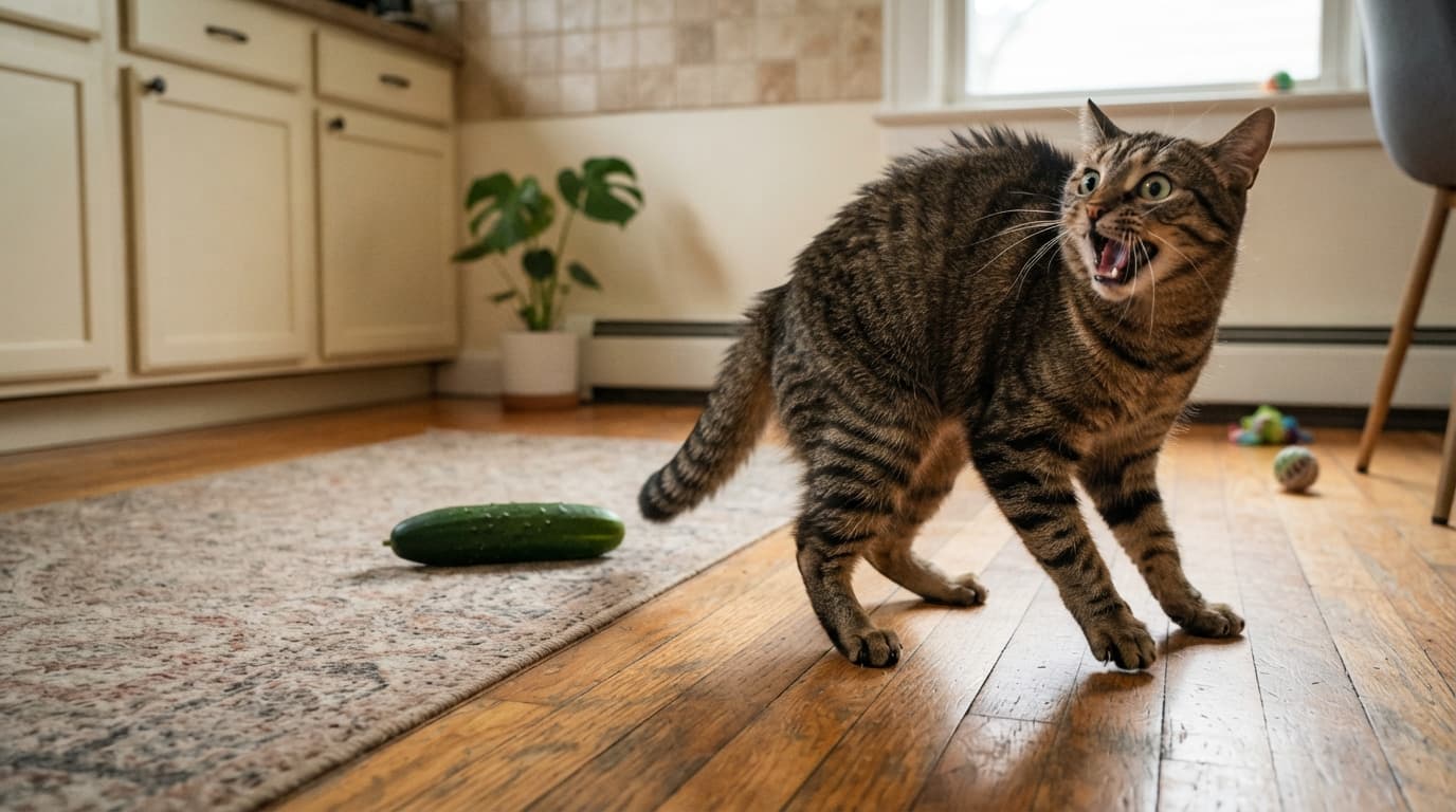 Gato tabby asustado saltando y maullando al ver un pepino verde inesperado en el suelo de la cocina.