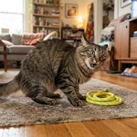 gato doméstico atigrado en una sala de estar, arqueando el lomo y reaccionando con un sobresalto defensivo al girar la cabeza y descubrir repentinamente un objeto alargado y de color verde brillante cerca de él