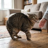 Gato atigrado congelado en postura defensiva con la espalda arqueada, orejas aplanadas y una pata levantada, reaccionando a una mano humana que se acerca