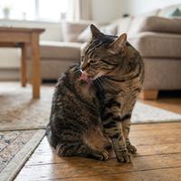 Gato atigrado sentado en el suelo de madera realizando un acicalamiento breve e intenso en su pelaje
