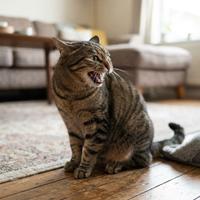 Gato atigrado sentado en el suelo de madera con la boca abierta, expresando dolor agudo o sobresalto, posiblemente por haber sido pisado en la cola.