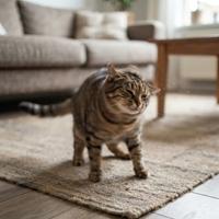Gato atigrado realizando un movimiento de sacudida corporal completa en una alfombra de salón