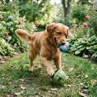 Perro feliz jugando con juguetes interactivos en el césped del jardín, estimulando su mente para prevenir el aburrimiento y evitar que mordisquee plantas.
