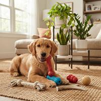 cachorro golden retriever jugando con juguete de goma roja y cuerda sala de estar hogar seguro y estimulante