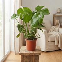 Planta de Monstera deliciosa grande y saludable en maceta de terracota, colocada sobre un pedestal de madera rústica junto a una ventana luminosa con luz natural.