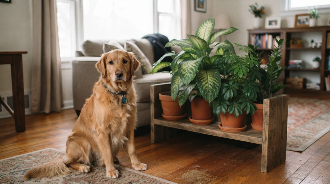 Golden retriever sentado pacíficamente en una sala de estar luminosa junto a un estante de madera con plantas de interior tóxicas para mascotas, en un ambiente doméstico seguro.