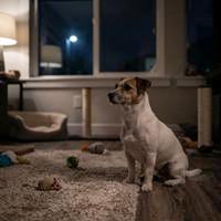 Fotografía nocturna en alta definición de un perro mestizo sentado sobre una alfombra en el interior de una sala de estar iluminada por la luz de la luna, con juguetes alrededor y un gran ventanal de fondo.
