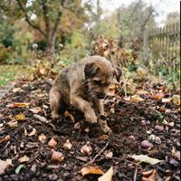Perro cavando en la tierra removida de un jardín otoñal rodeado de bulbos de flores como tulipanes y jacintos, mostrando un riesgo de intoxicación.