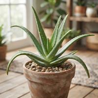 Planta de Aloe vera (Aloe barbadensis miller) saludable en maceta de terracota con grava